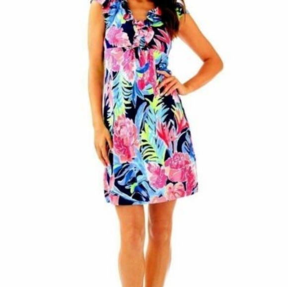 Lilly Pulitzer Clare Floral Silk A-Line Dress Blue Floral with Ruffle Sz XS - Picture 2 of 8